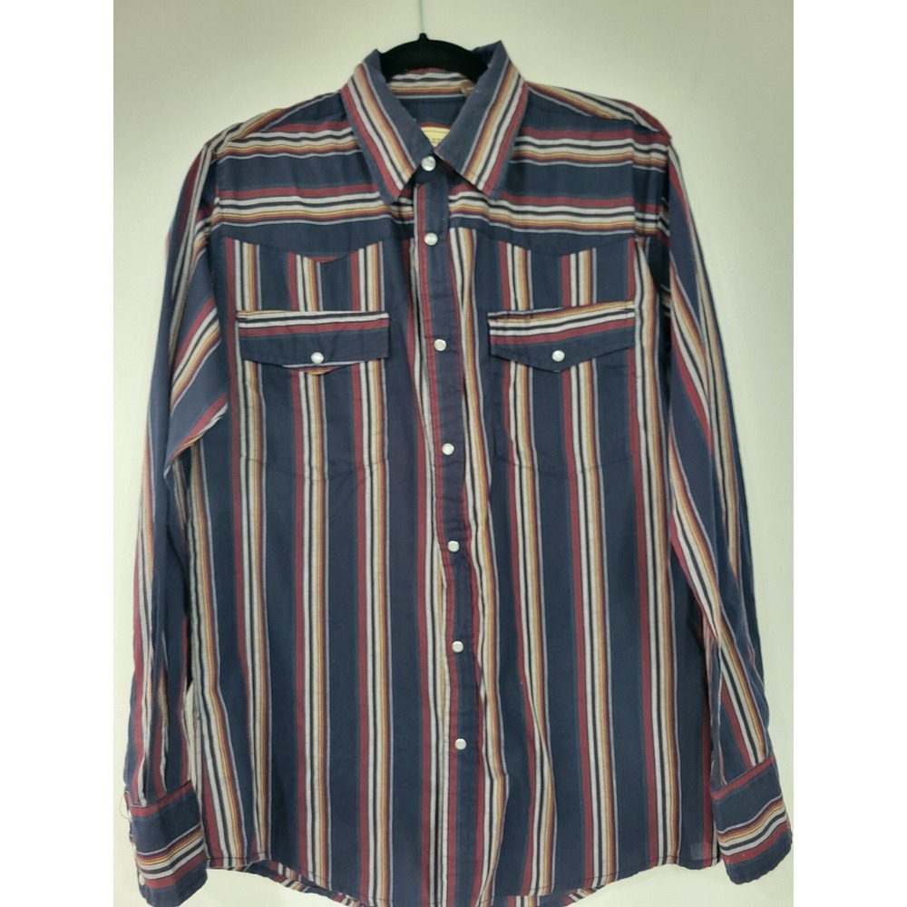 Vintage Bit & Bridle Pearl Snap Button Shirt Blue Long Sleeve Western Medium